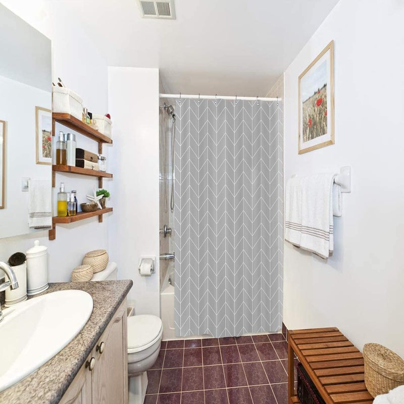 Riyidecor Small Stall RV Gray Grey Shower Curtain Liner for Bathroom Narrow Dorm Half Size Stand Up 36x72 Inches Wide Single Chevron Herringbone Geometric Tiny Walkin Fabric Polyester Bathroom - Image 4